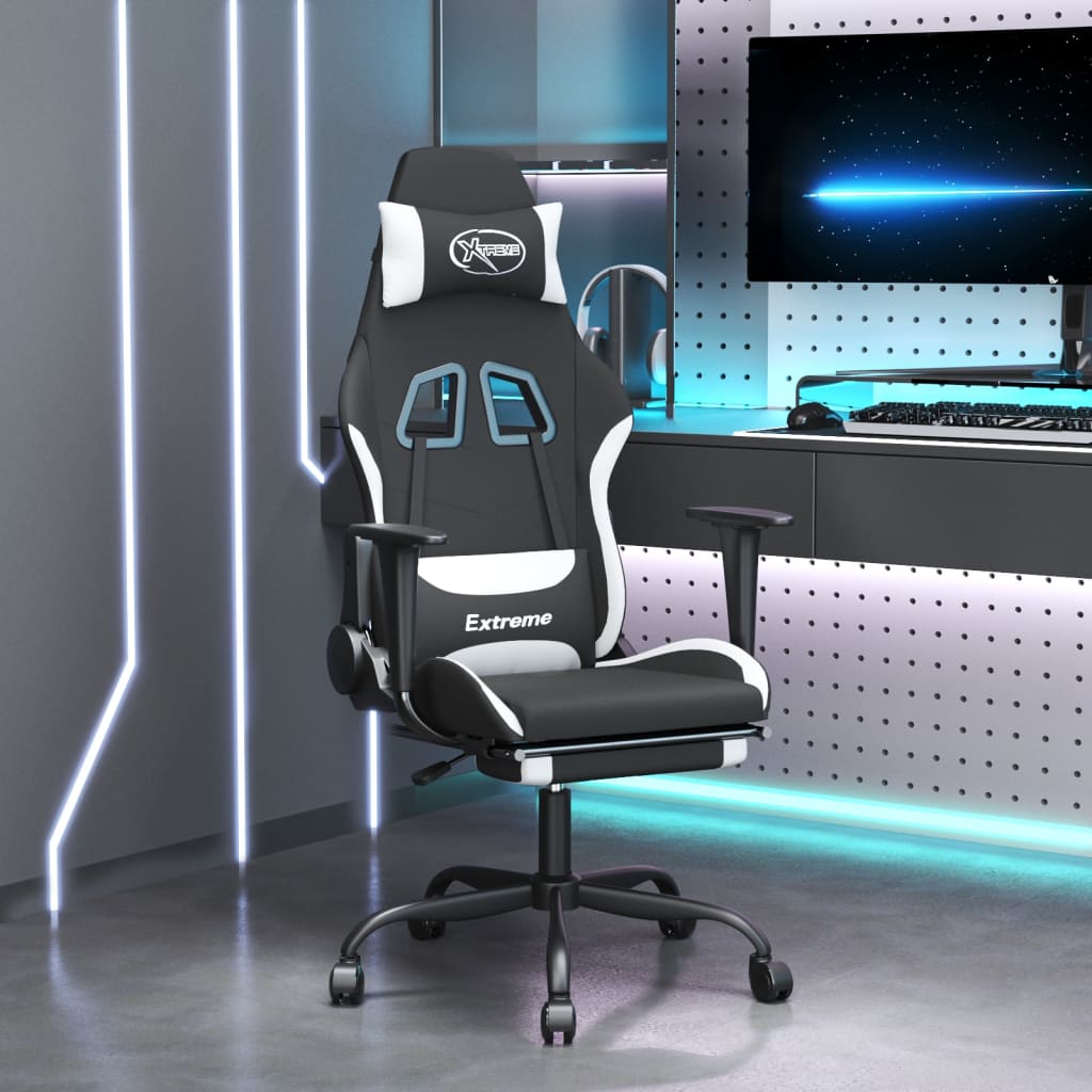 Vetonek Silla gaming con reposapiés tela negro y blanco