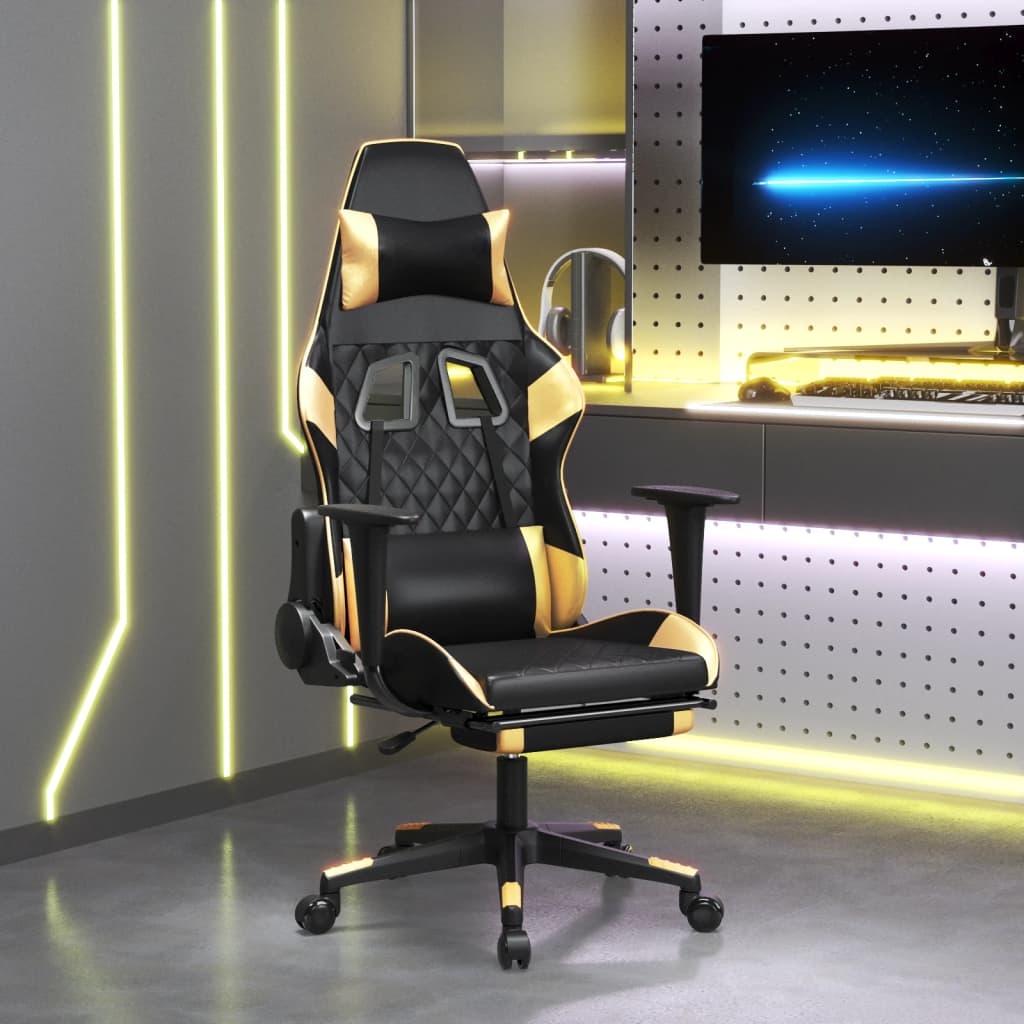 Vetonek Silla gaming con reposapiés cuero sintético negro dorado