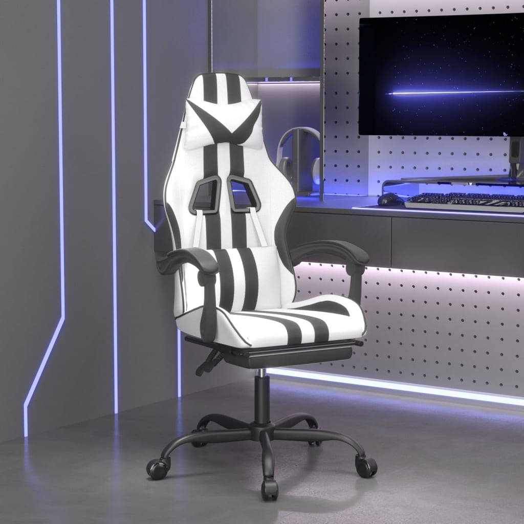 Vetonek Silla gaming con reposapiés cuero sintético blanco negro