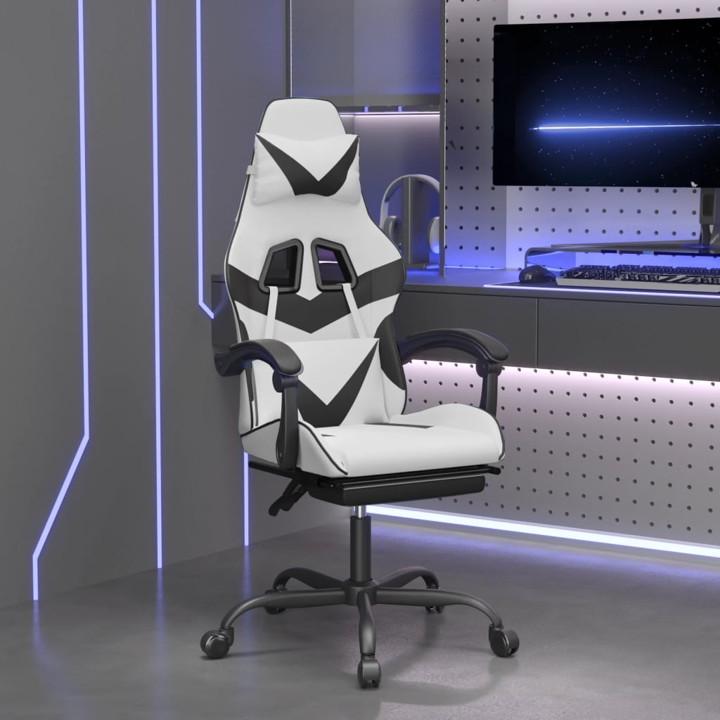 Vetonek Silla gaming con reposapiés cuero sintético blanco negro