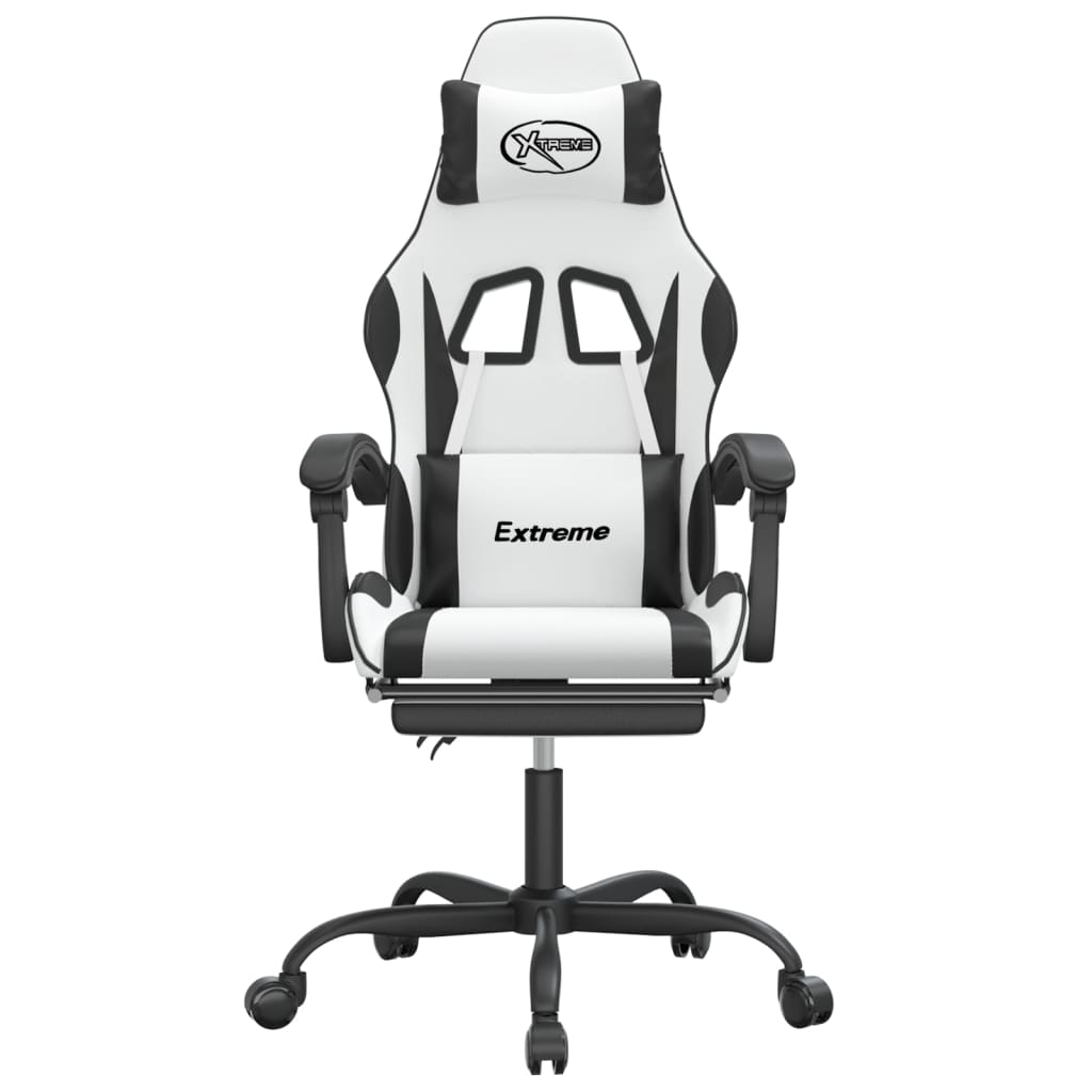 Silla gaming con reposapiés cuero sintético blanco negro