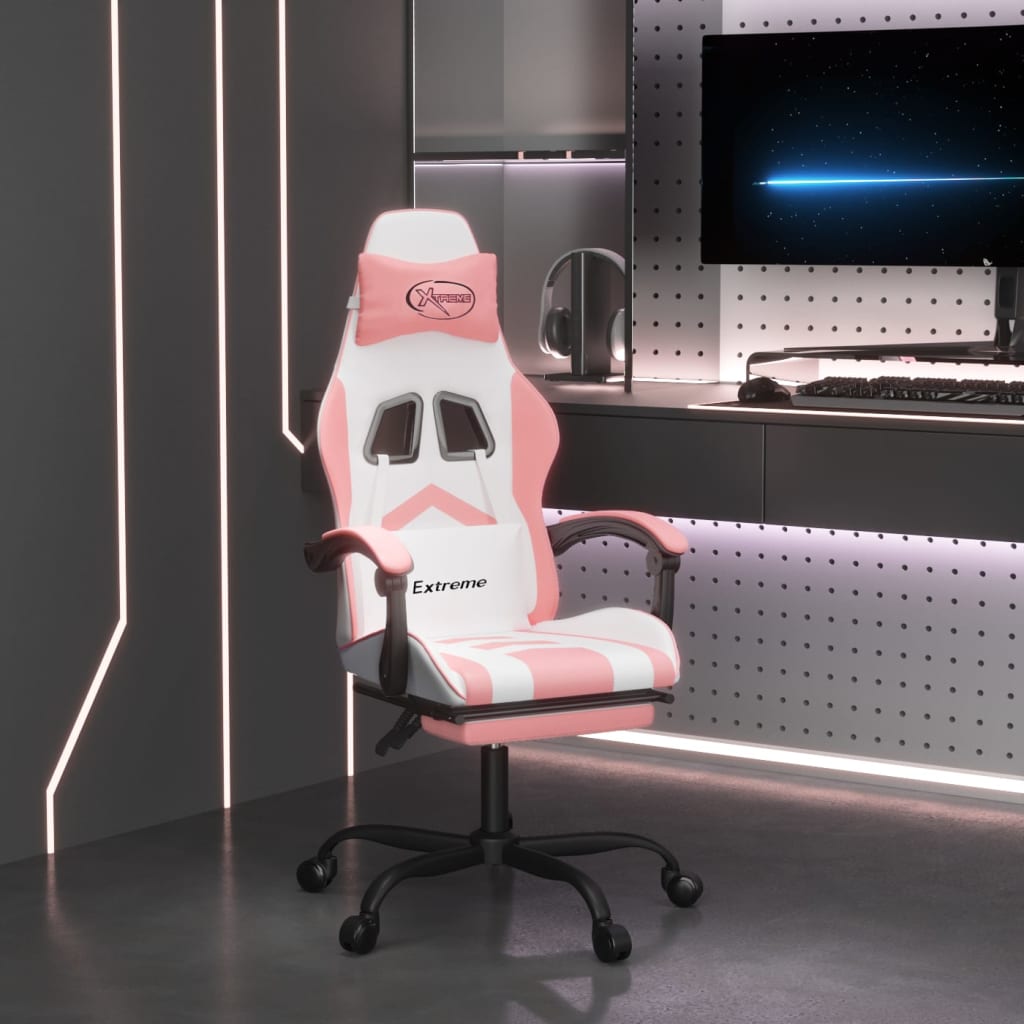 Vetonek Silla gaming con reposapiés cuero sintético blanco y rosa