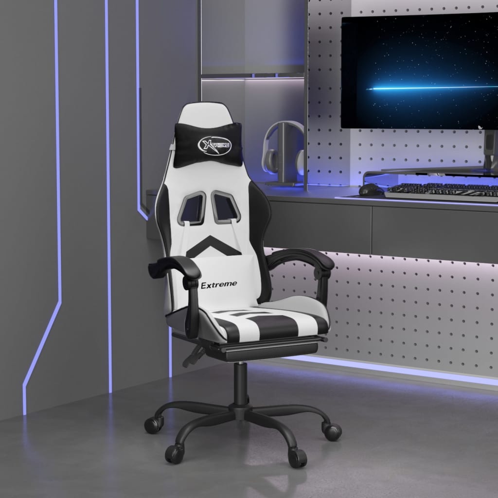 Vetonek Silla gaming con reposapiés cuero sintético blanco negro