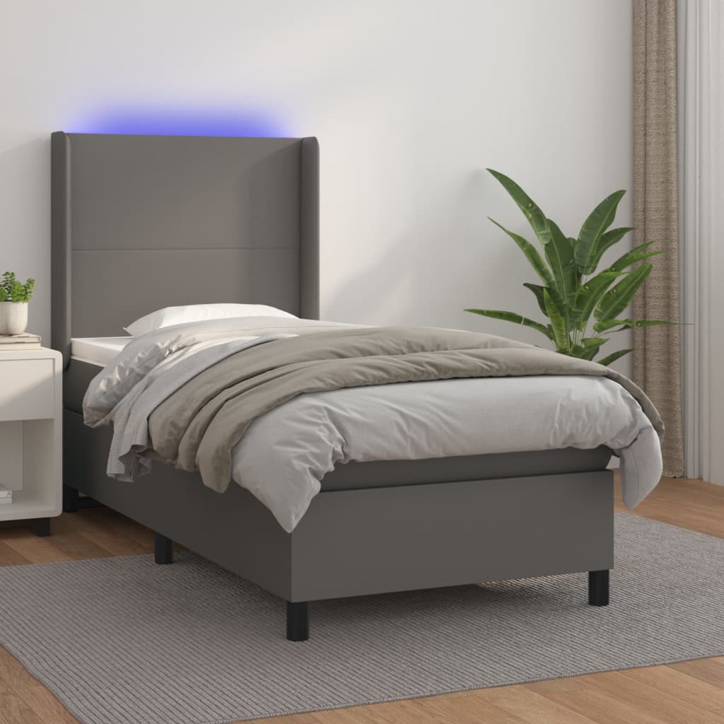 Vetonek Cama y colchón LED cuero sintético gris 90x190 cm