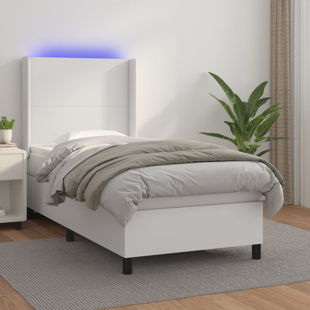 Vetonek Cama y colchón LED cuero sintético blanco 90x200 cm