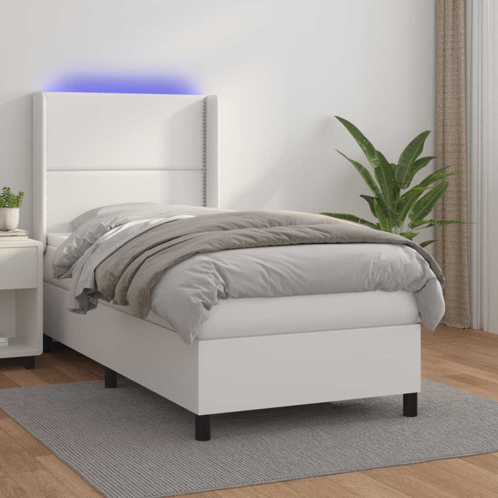 Vetonek Cama y colchón LED cuero sintético blanco 90x190 cm