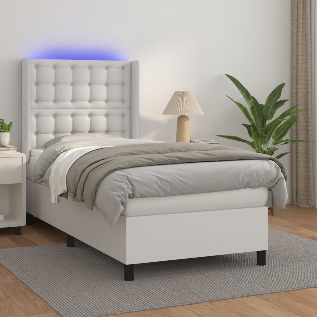 Vetonek Cama y colchón LED cuero sintético blanco 90x190 cm