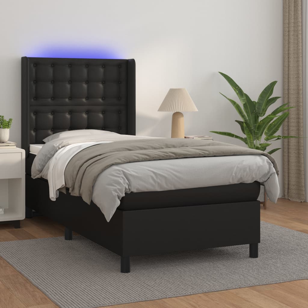 Vetonek Cama y colchón LED cuero sintético negro 90x200 cm