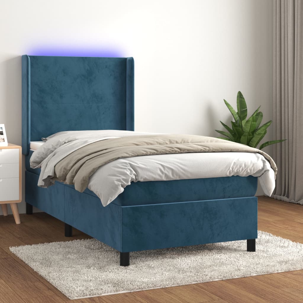 Cama box spring colchón y led terciopelo azul oscuro 80x200 cm v0223 Vetonek