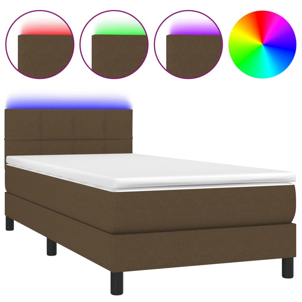 Cama box spring colchón luces LED tela marrón oscuro 100x200cm