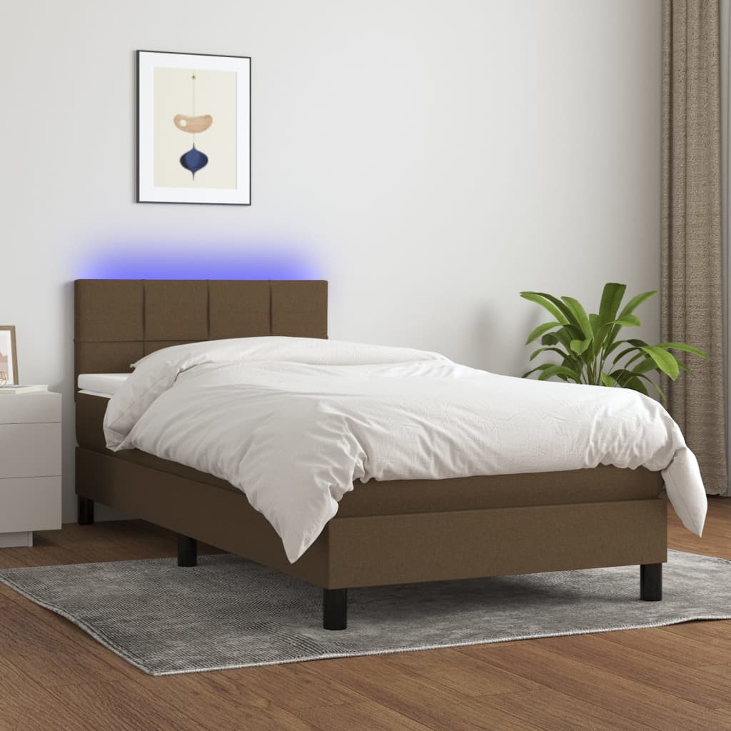 Cama box spring colchón luces LED tela marrón oscuro 100x200cm