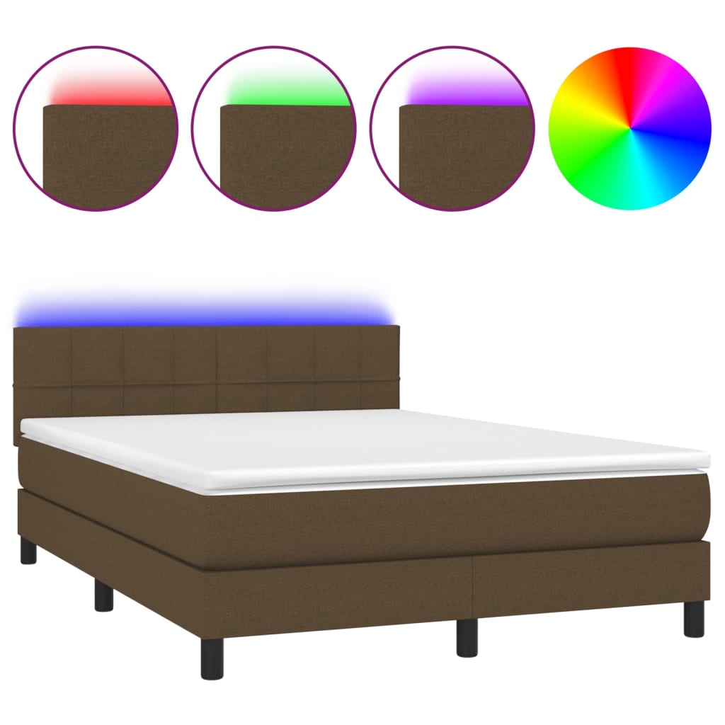 Cama box spring colchón luces LED tela marrón oscuro 140x190 cm