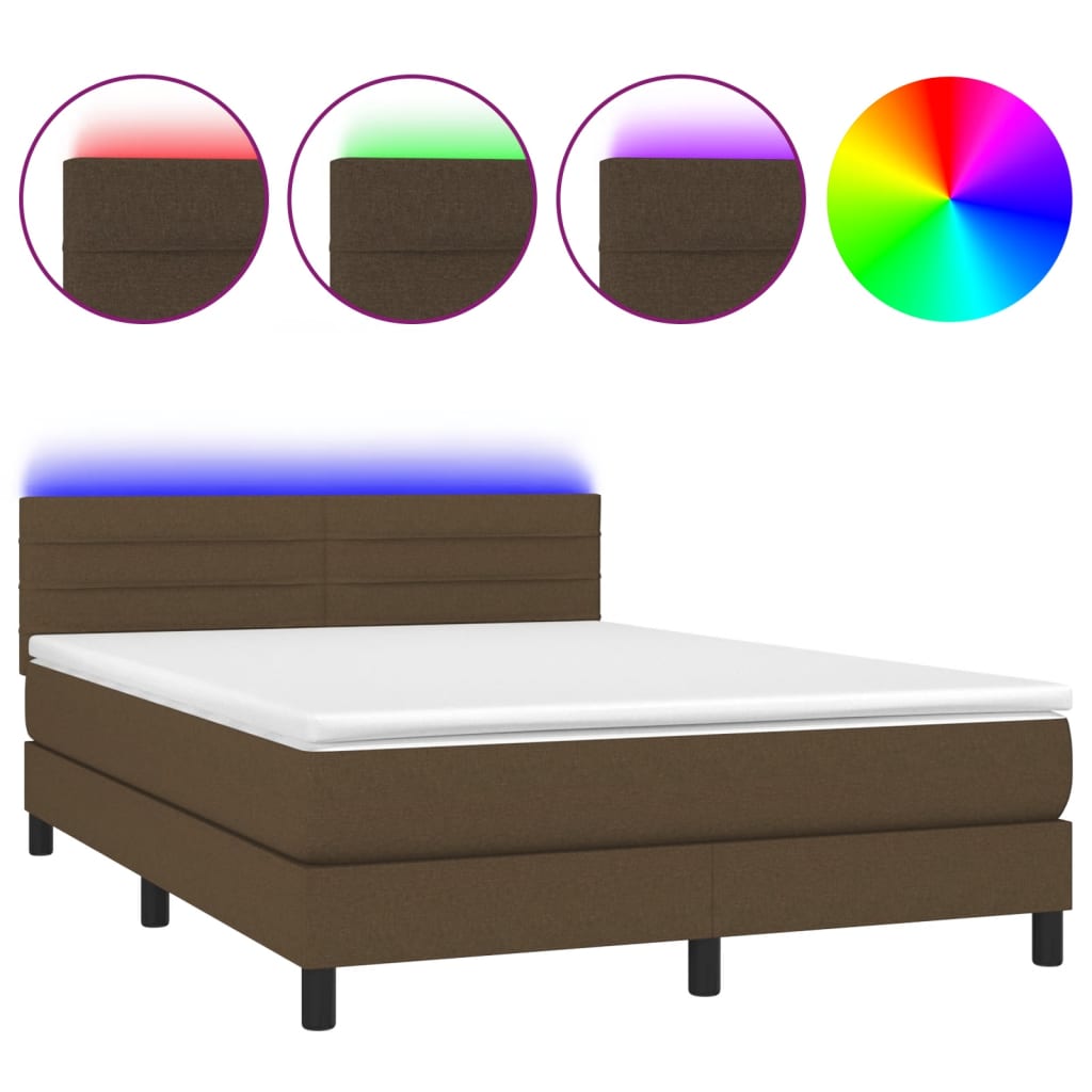 Cama box spring colchón luces LED tela marrón oscuro 140x200cm