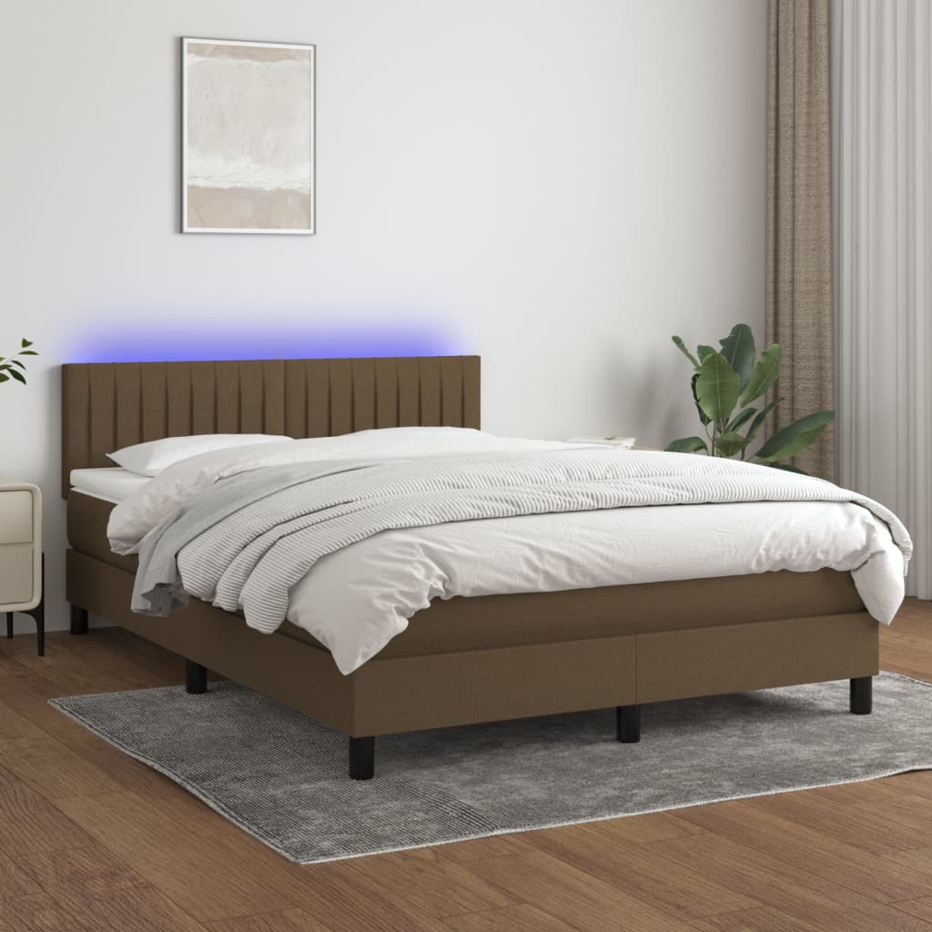 Vetonek Cama box spring colchón luces LED tela marrón oscuro 140x190 cm