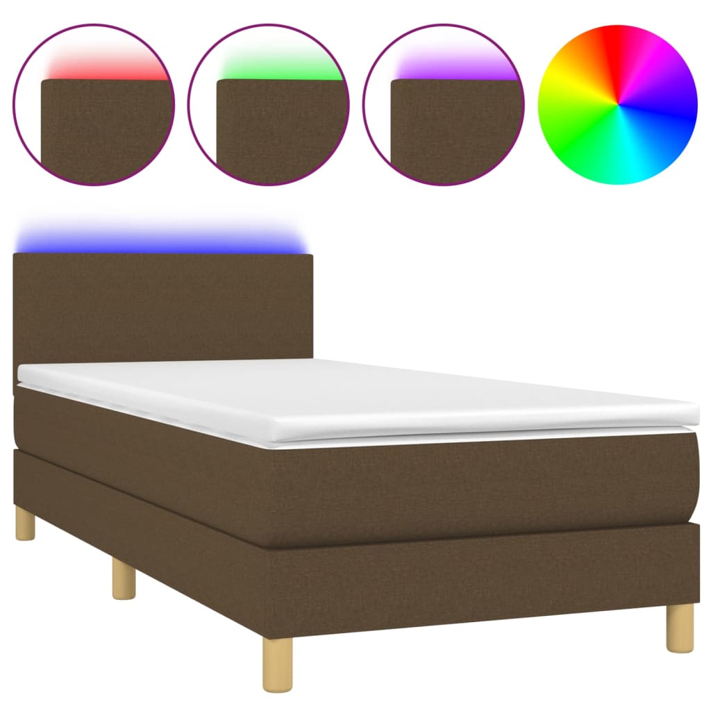 Cama box spring colchón luces LED tela marrón oscuro 100x200cm