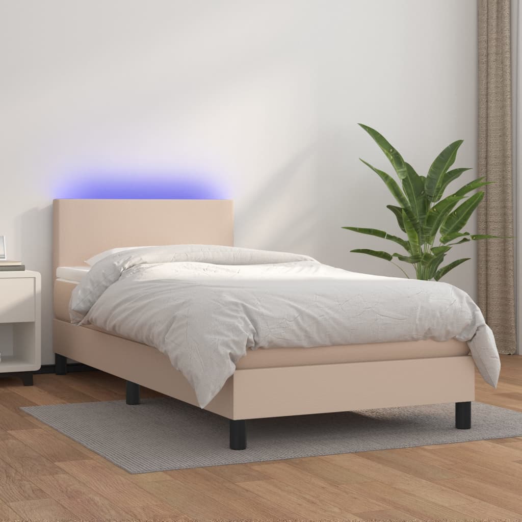 Vetonek Cama box spring colchón LED cuero sintético capuchino 80x200 cm