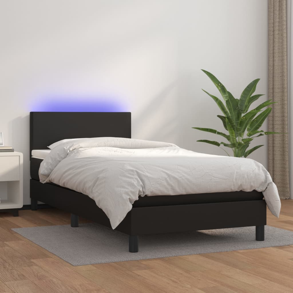 Vetonek Cama y colchón LED cuero sintético negro 90x190 cm