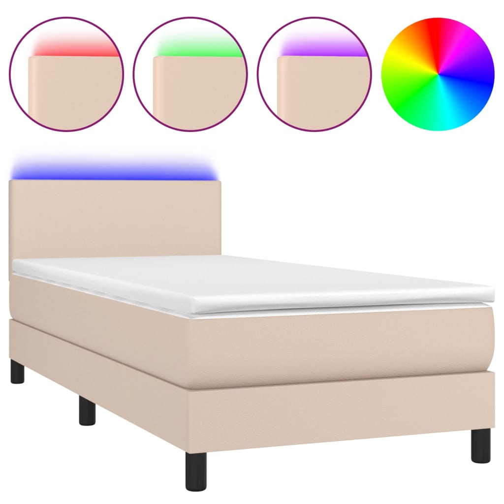 Cama box spring colchón LED cuero sintético capuchino 90x200 cm