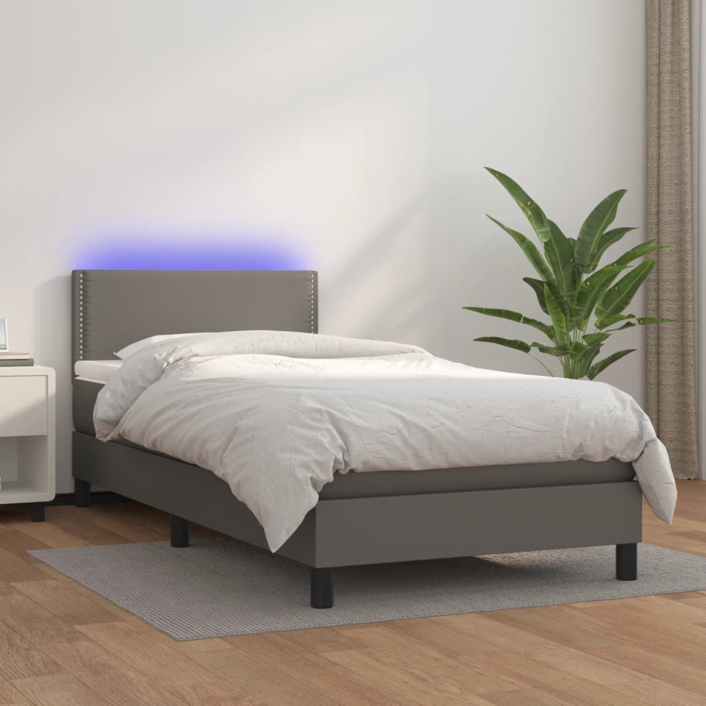 Vetonek Cama y colchón LED cuero sintético gris 90x190 cm