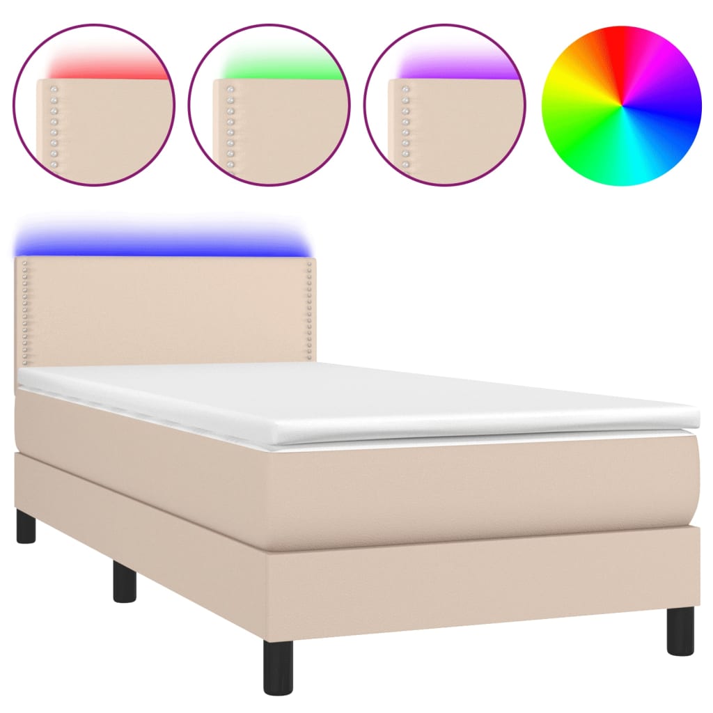 Cama box spring colchón LED cuero sintético capuchino 90x190 cm