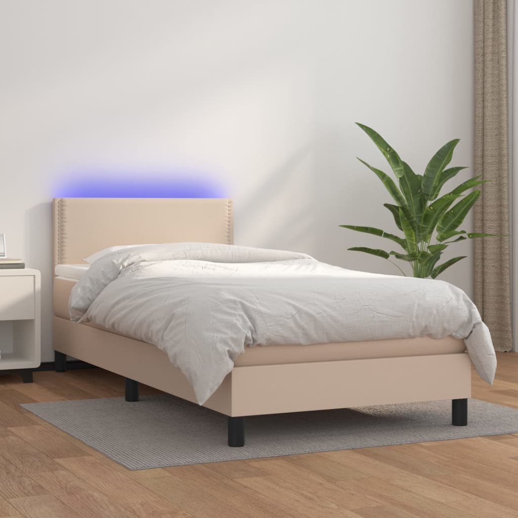 Cama box spring colchón LED cuero sintético capuchino 90x190 cm