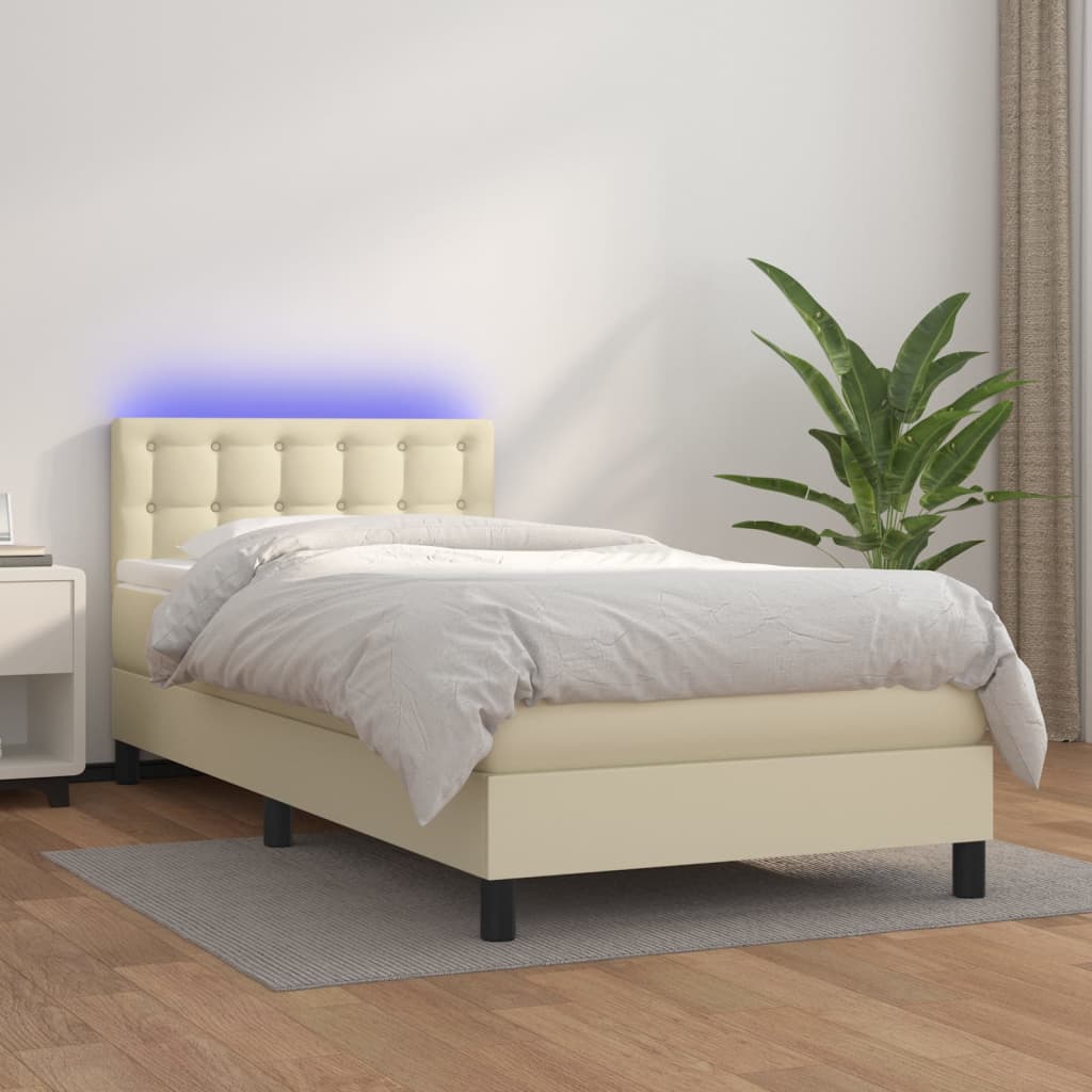 Vetonek Cama y colchón LED cuero sintético crema 90x200 cm