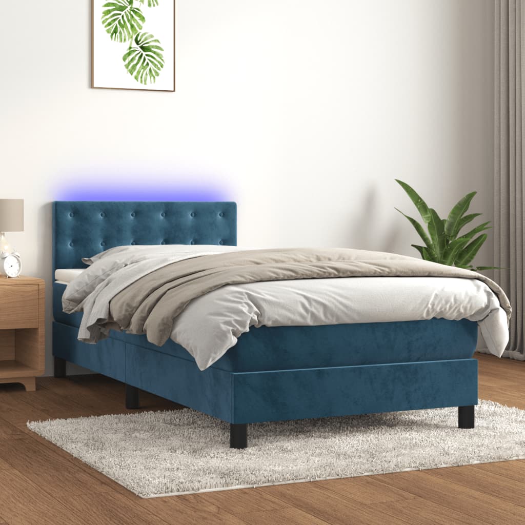 Cama box spring colchón y led terciopelo azul oscuro 80x200 cm v1372 Vetonek