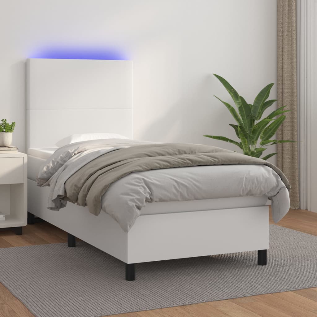 Vetonek Cama y colchón LED cuero sintético blanco 90x190 cm