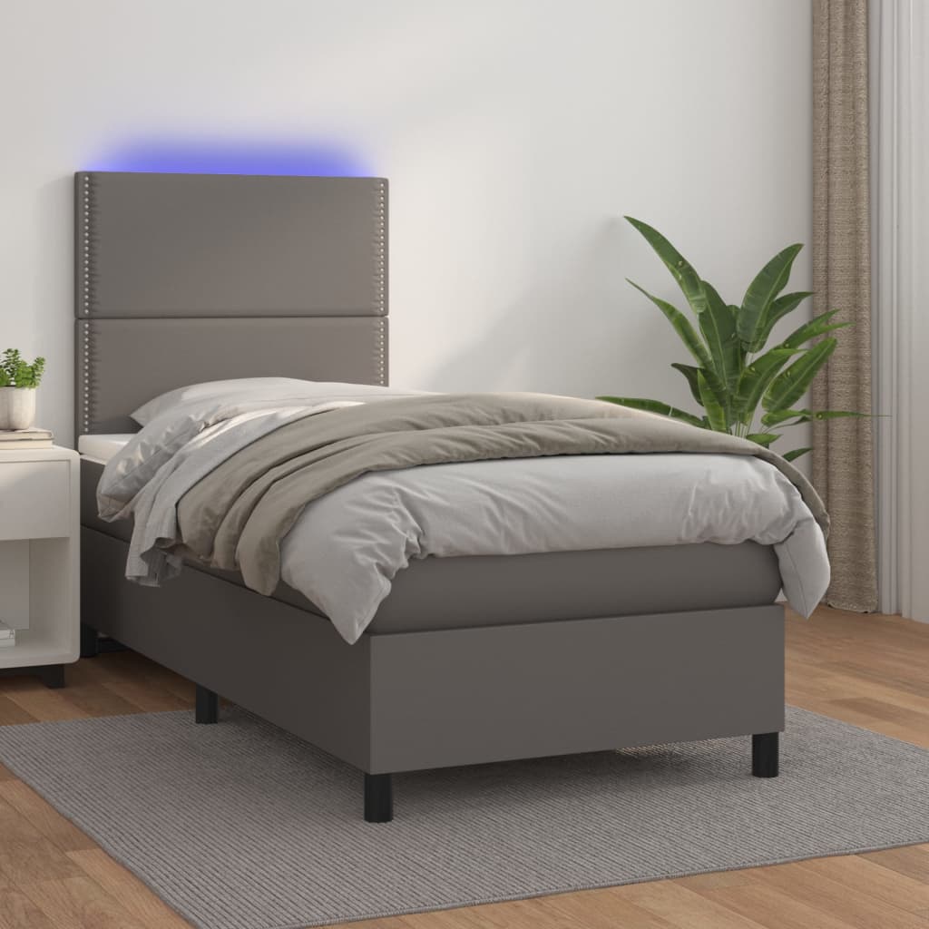 Vetonek Cama y colchón LED cuero sintético gris 90x190 cm