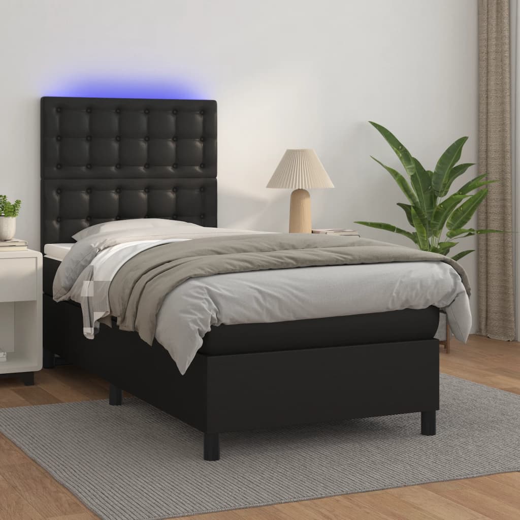 Vetonek Cama y colchón LED cuero sintético negro 90x190 cm