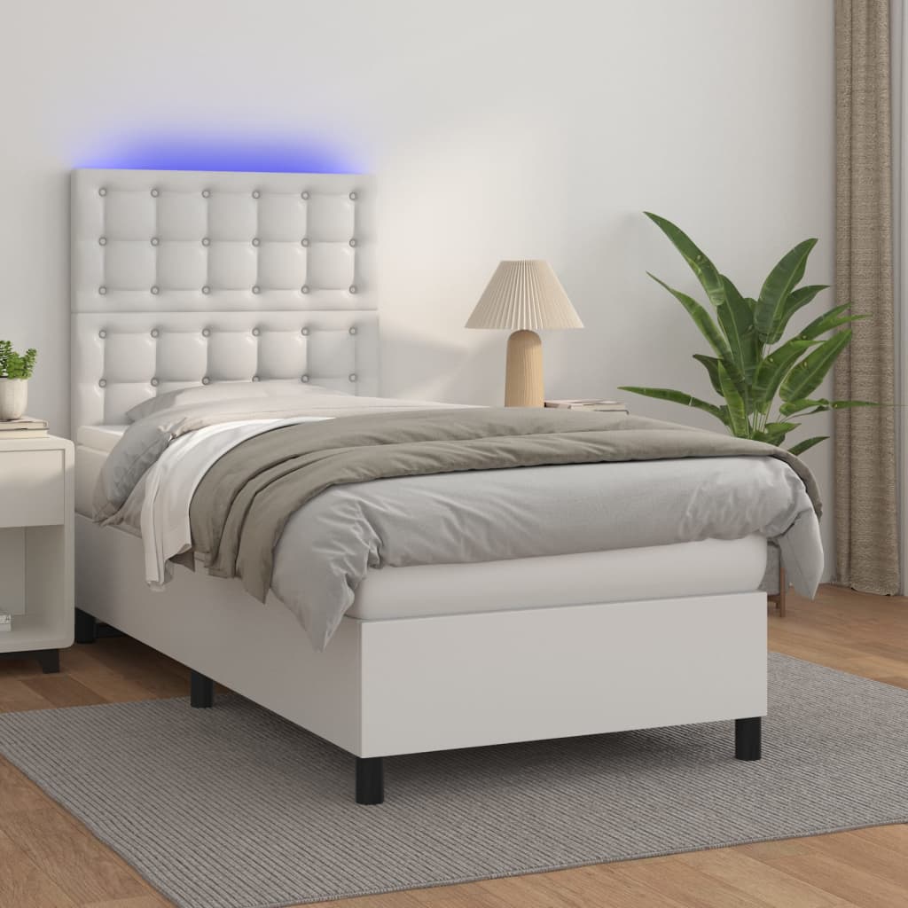 Vetonek Cama y colchón LED cuero sintético blanco 90x200 cm