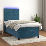 Cama box spring colchón y led terciopelo azul oscuro 80x200 cm v6178 Vetonek