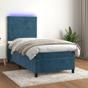 Cama box spring colchón y led terciopelo azul oscuro 80x200 cm v6772 Vetonek