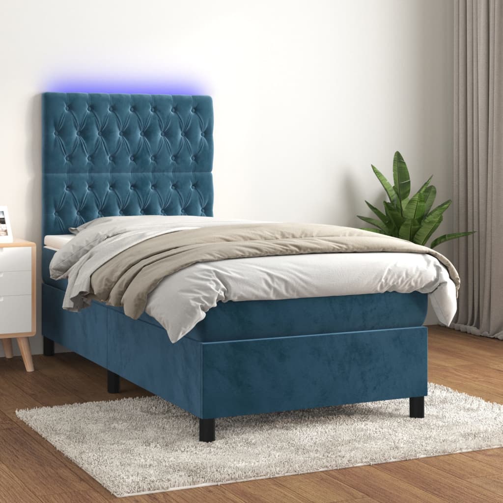 Cama box spring colchón y led terciopelo azul oscuro 80x200 cm v7977 Vetonek