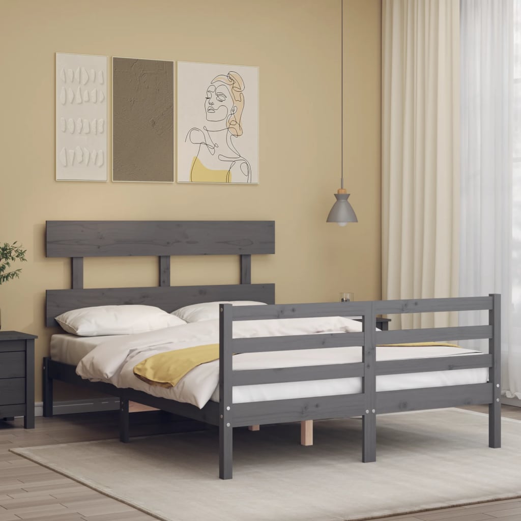 Vetonek Estructura cama de matrimonio con cabecero madera maciza gris