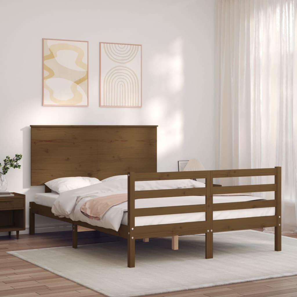 Vetonek Estructura de cama matrimonio con cabecero madera marrón miel