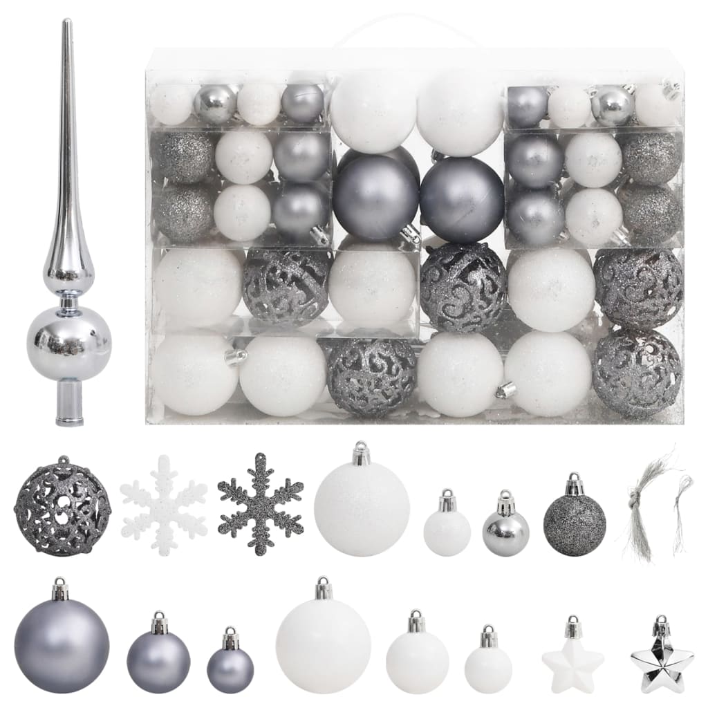 Set de Bolas Navideñas 111 pzas poliestireno blanco y gris