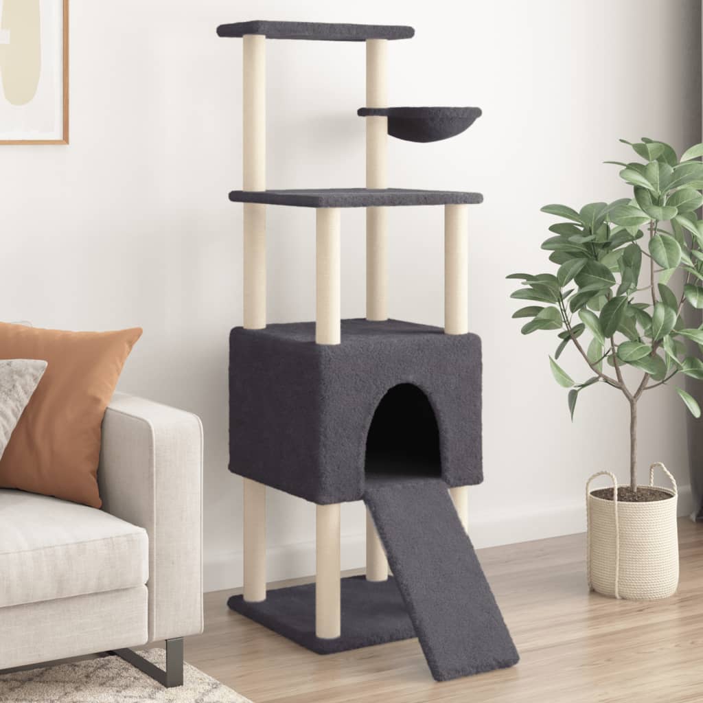 Rascador para gatos con postes de sisal gris oscuro 153 cm