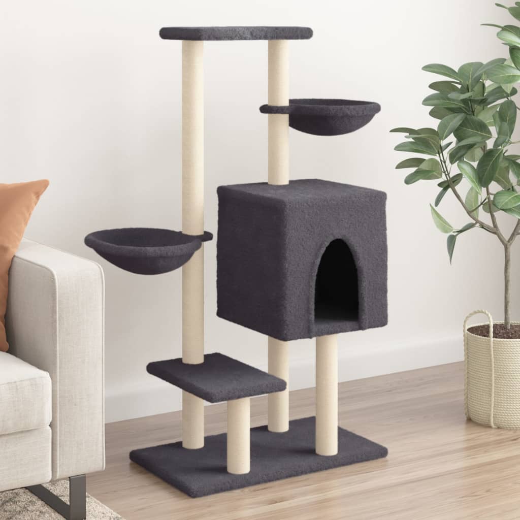 Rascador para gatos con postes de sisal gris oscuro 117 cm