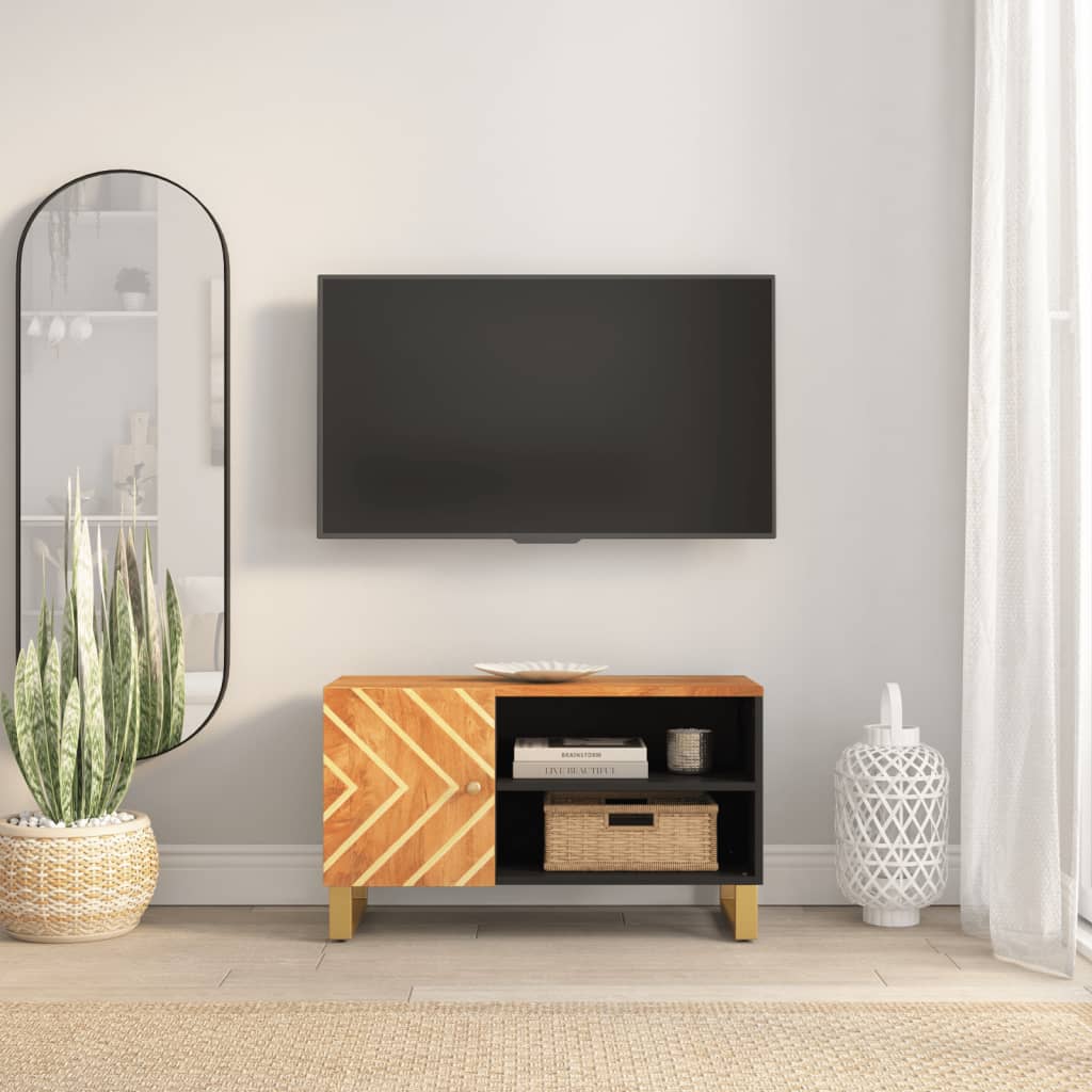 Vetonek Mueble de TV madera de mango marrón negro 80x31,5x46 cm