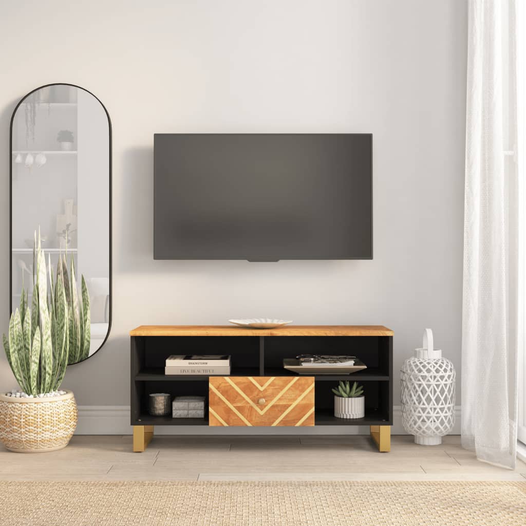 Vetonek Mueble de TV madera maciza mango marrón y negro 100x33,5x46 cm