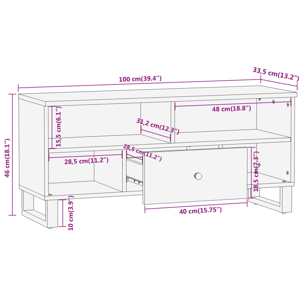 Mueble de TV madera maciza mango marrón y negro 100x33,5x46 cm vidaXL