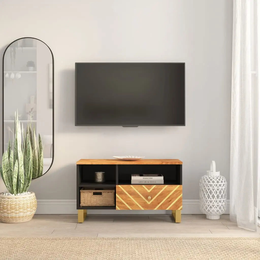 Vetonek Mueble de TV madera maciza de mango marrón negro 80x33,5x46 cm