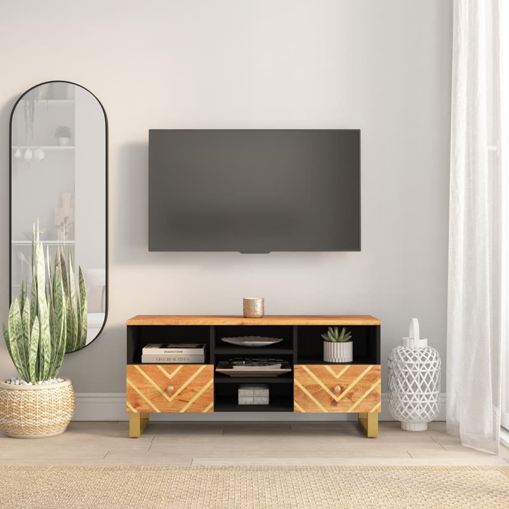 Vetonek Mueble de TV madera maciza mango marrón y negro 100x33,5x46 cm