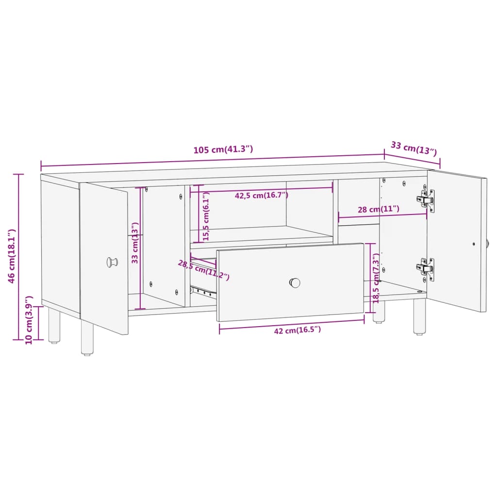 Mueble de TV madera maciza de mango 105x33x46 cm