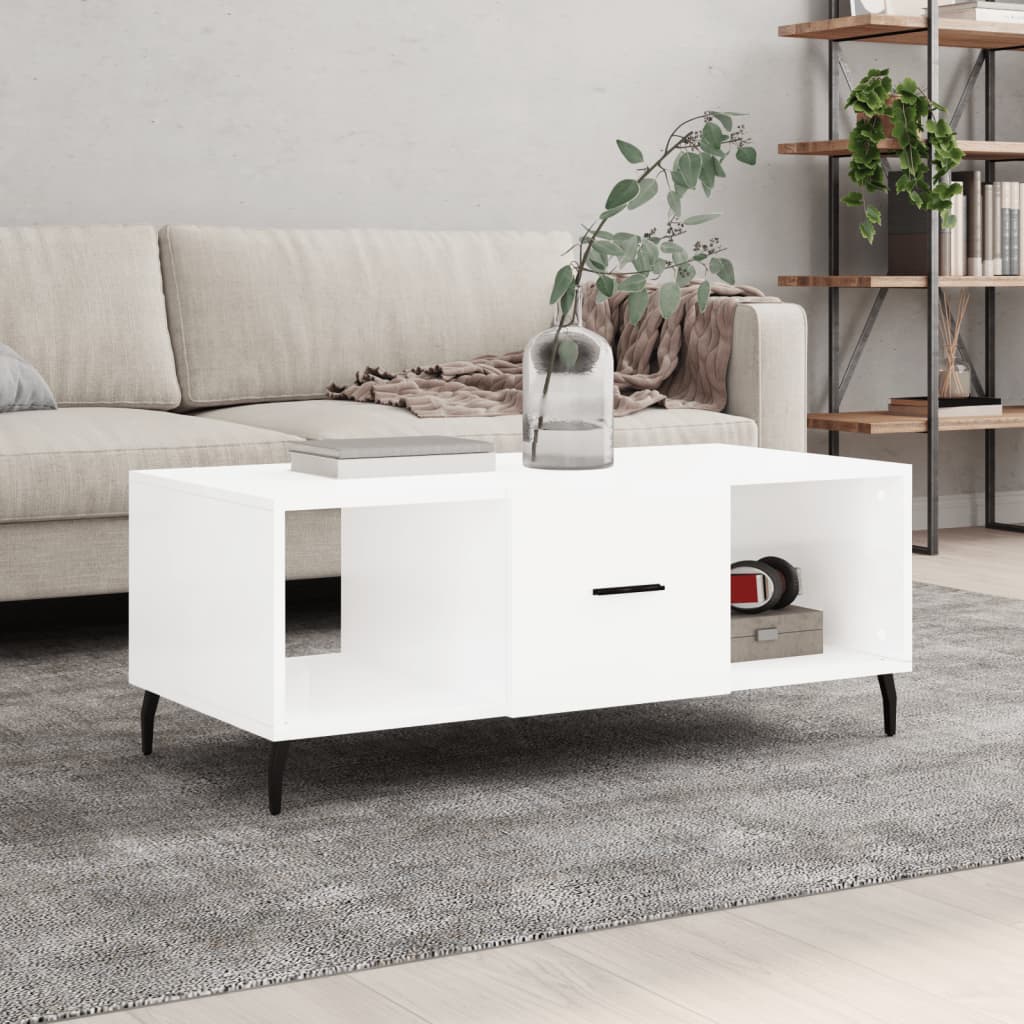 Vetonek Mesa de centro madera contrachapada blanco brillo 102x50x40 cm