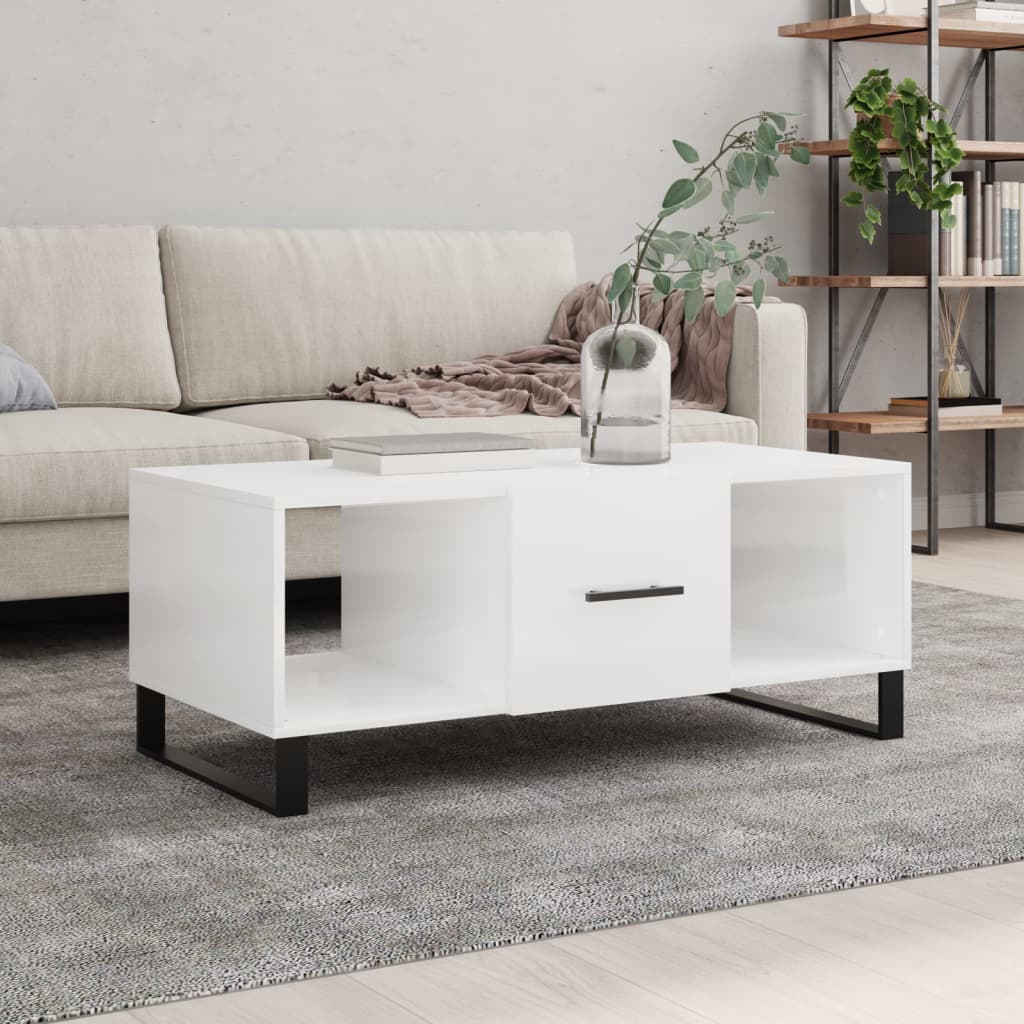 Vetonek Mesa de centro madera contrachapada blanco brillo 102x50x40 cm