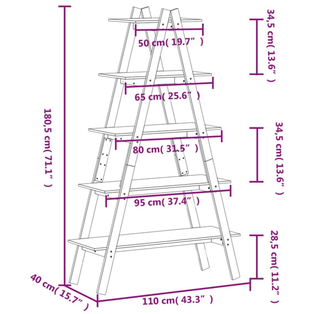 5 level shelf to solid wood pine 110x40x180.5 cm