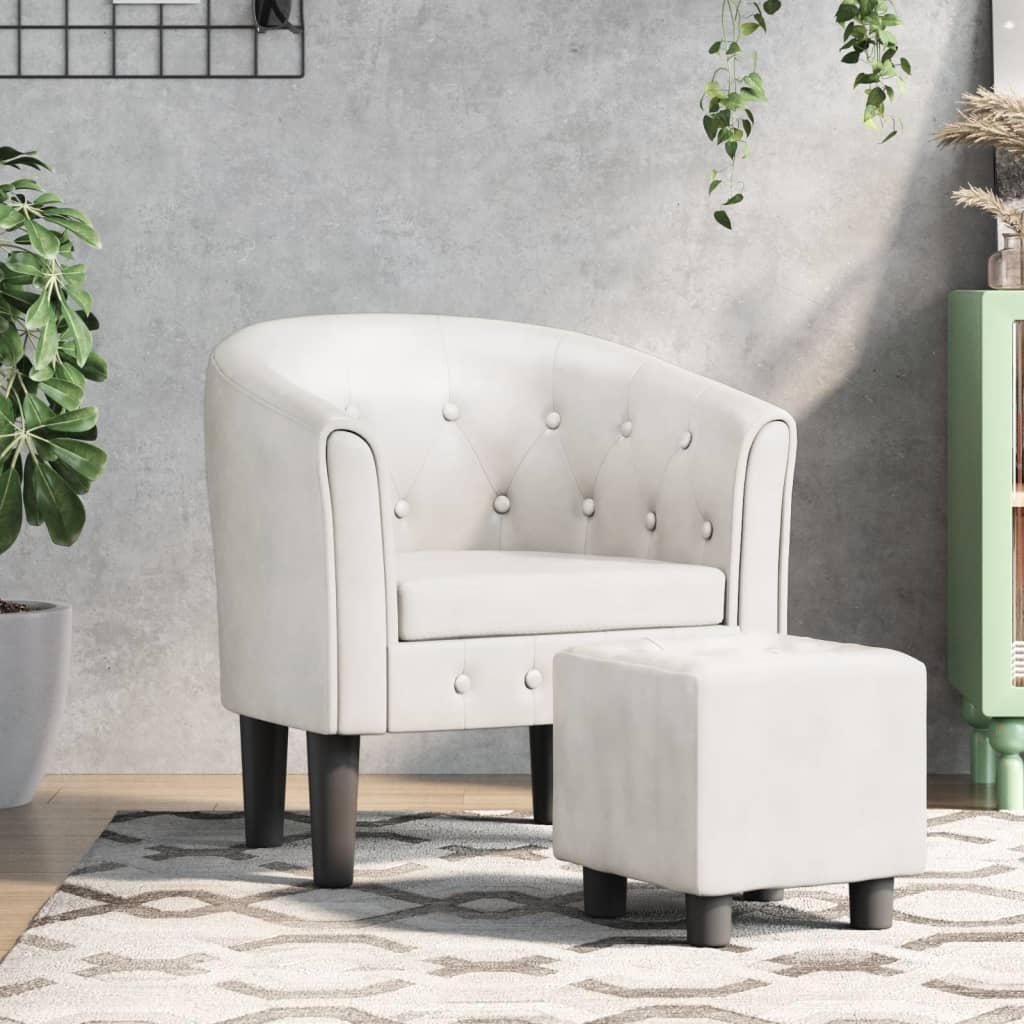 Vetonek Sillón con taburete cuero sintético blanco