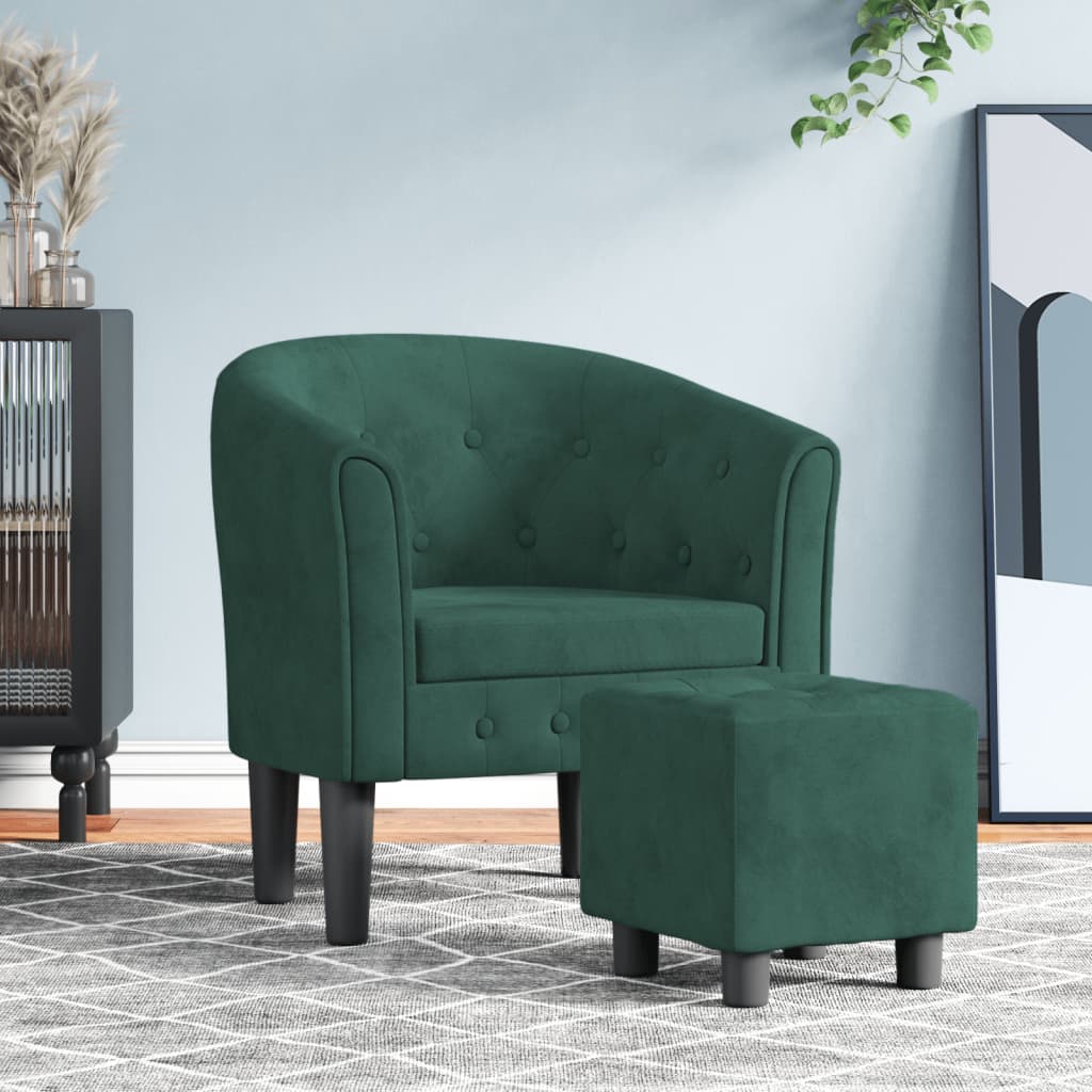 Vetonek Sillón con taburete terciopelo verde oscuro